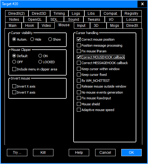 Screenshot of DxWnd showing the Mouse tab
