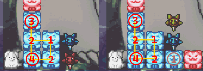 Figure showing two structures, one resembling the other but missing a block