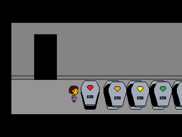 An empty coffin with a red heart insignia